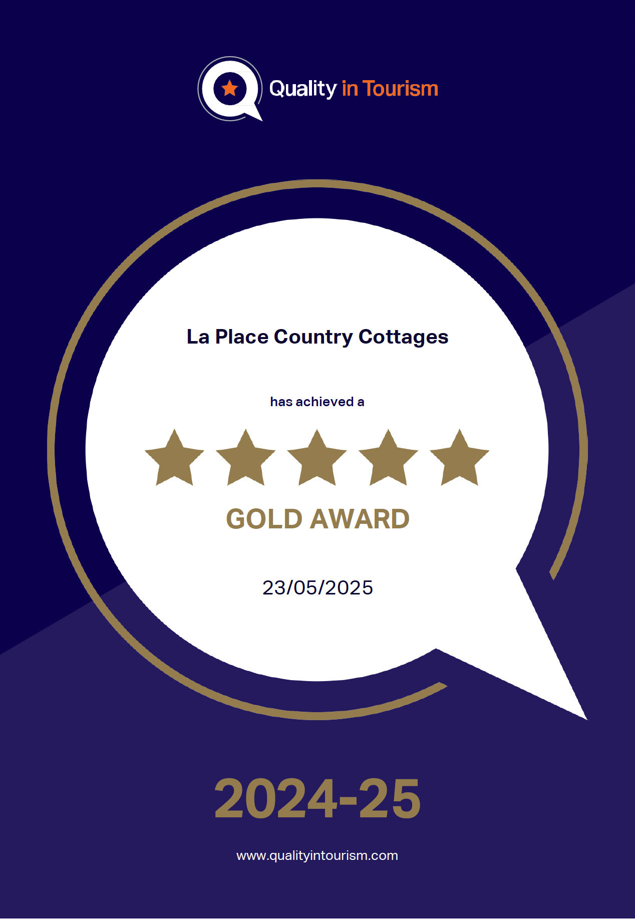 Quality in tourism, 5 star, Gold Award